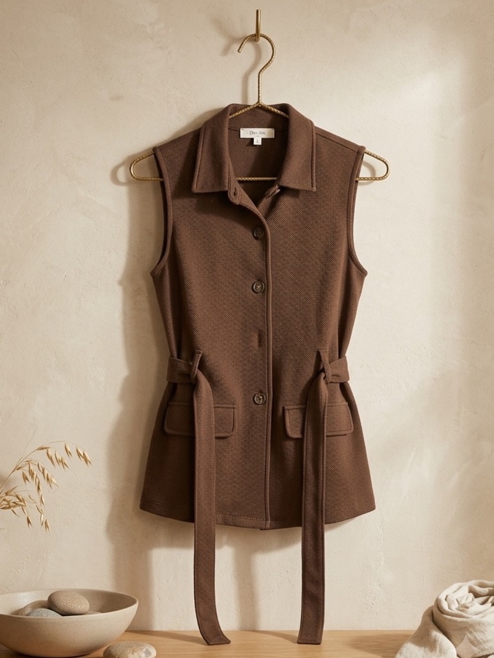 Sleeveless Brown Button-Front Belted Vest Jacket